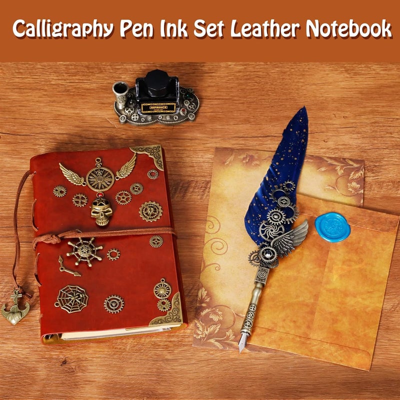 Aifeiter Quill Pen Ink Set Leather notebook With Quill Pen,Notebook,5 Replaceable Nibs,Seal Stamp,Spoon,Wax Beads,White Wax,Ink,Pen Holder,Cup,Envelope,Letter Paper,Envelope Tool(blue) - Image 5